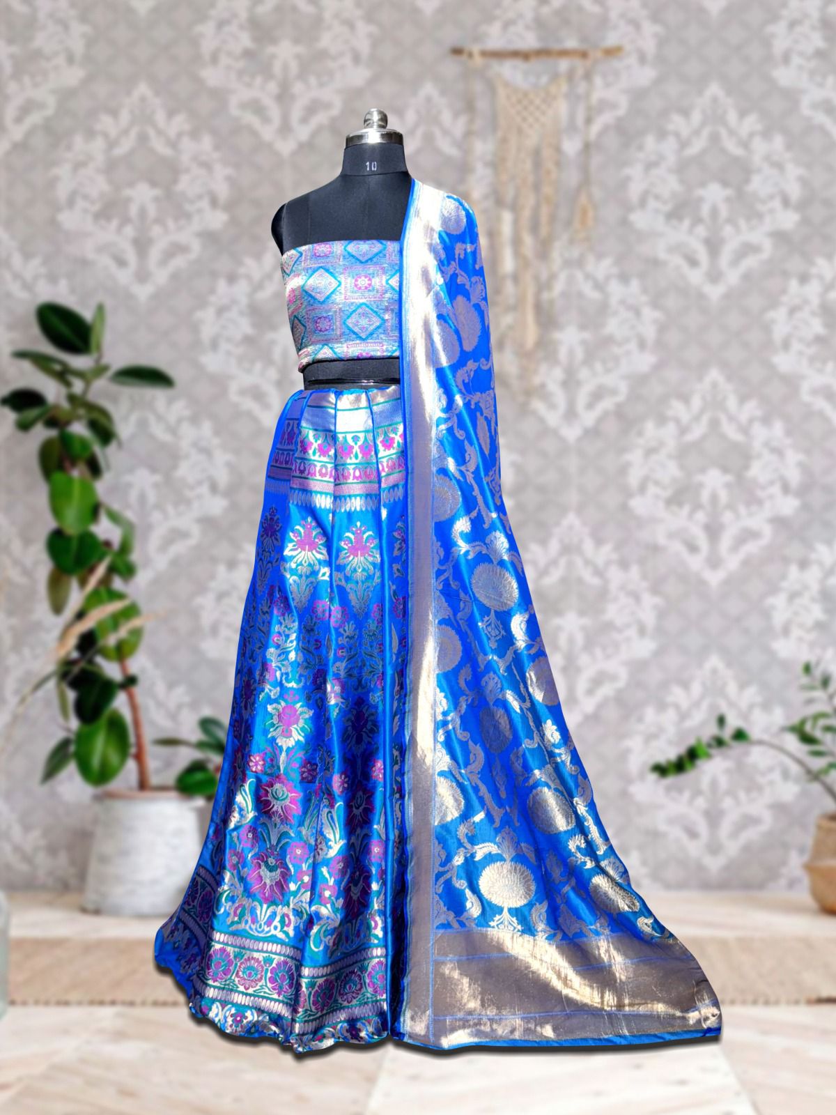 Elegant Ivory Blue Banarasi Lehenga Set