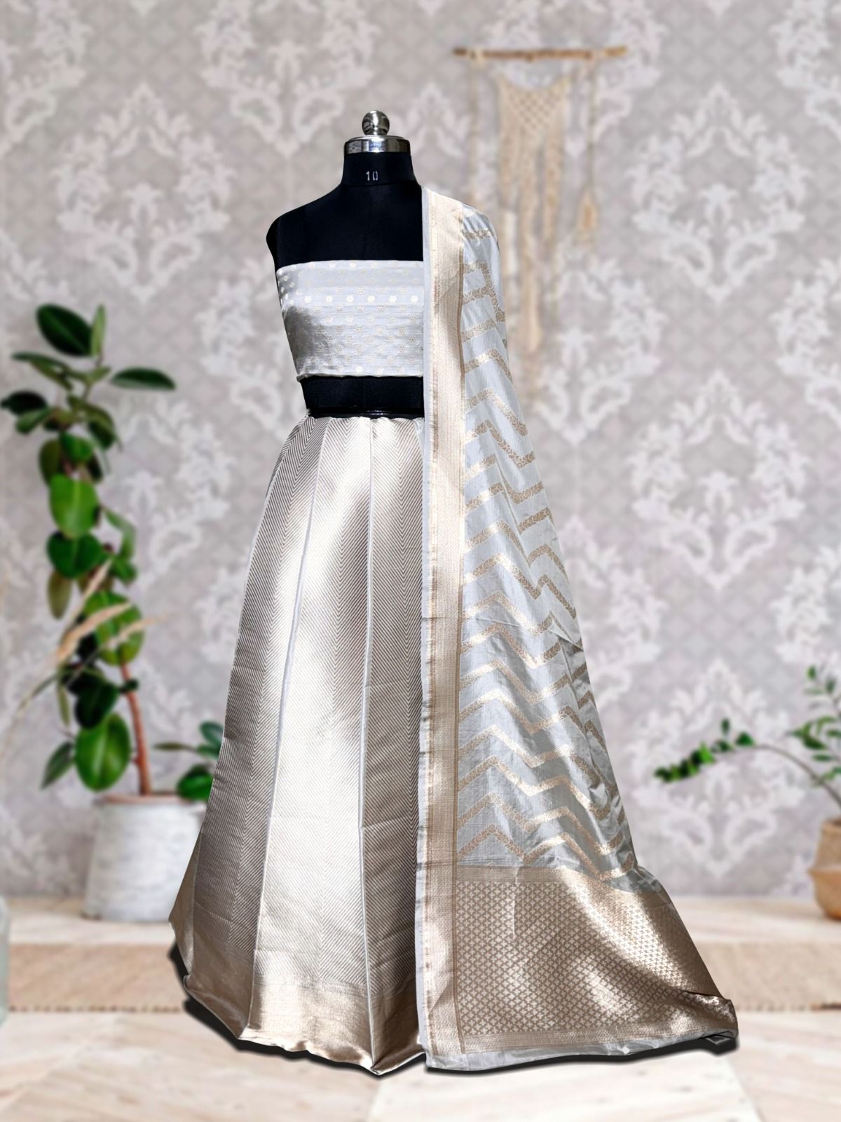 Elegant Ivory Silver Banarasi Lehenga Set