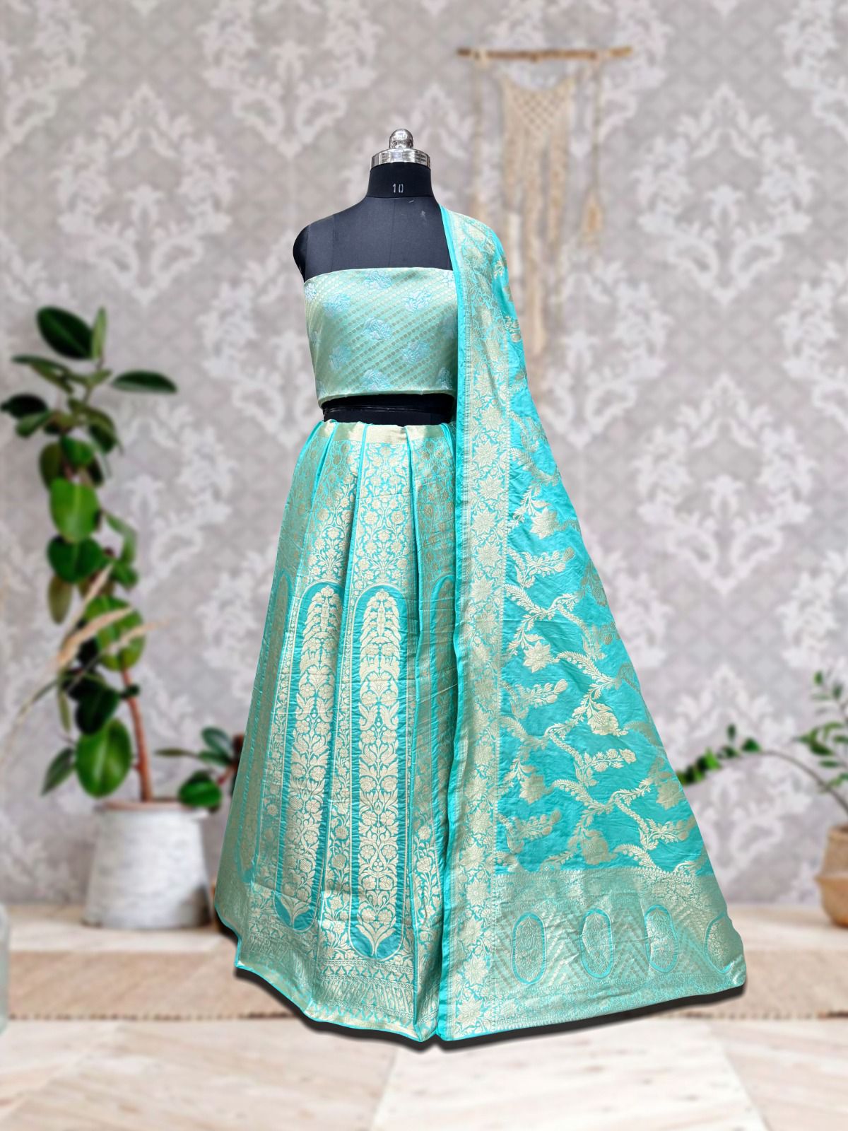 Elegant Ivory Sky-Blue Banarasi Lehenga Set