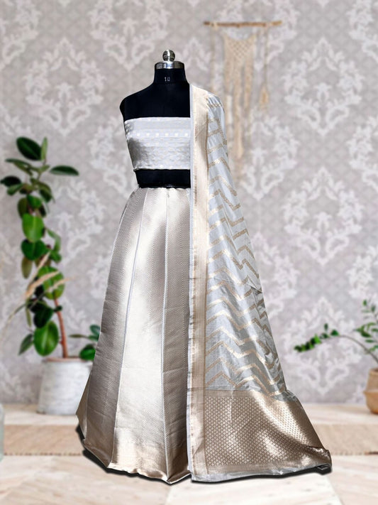 Elegant Ivory Silver Banarasi Lehenga Set